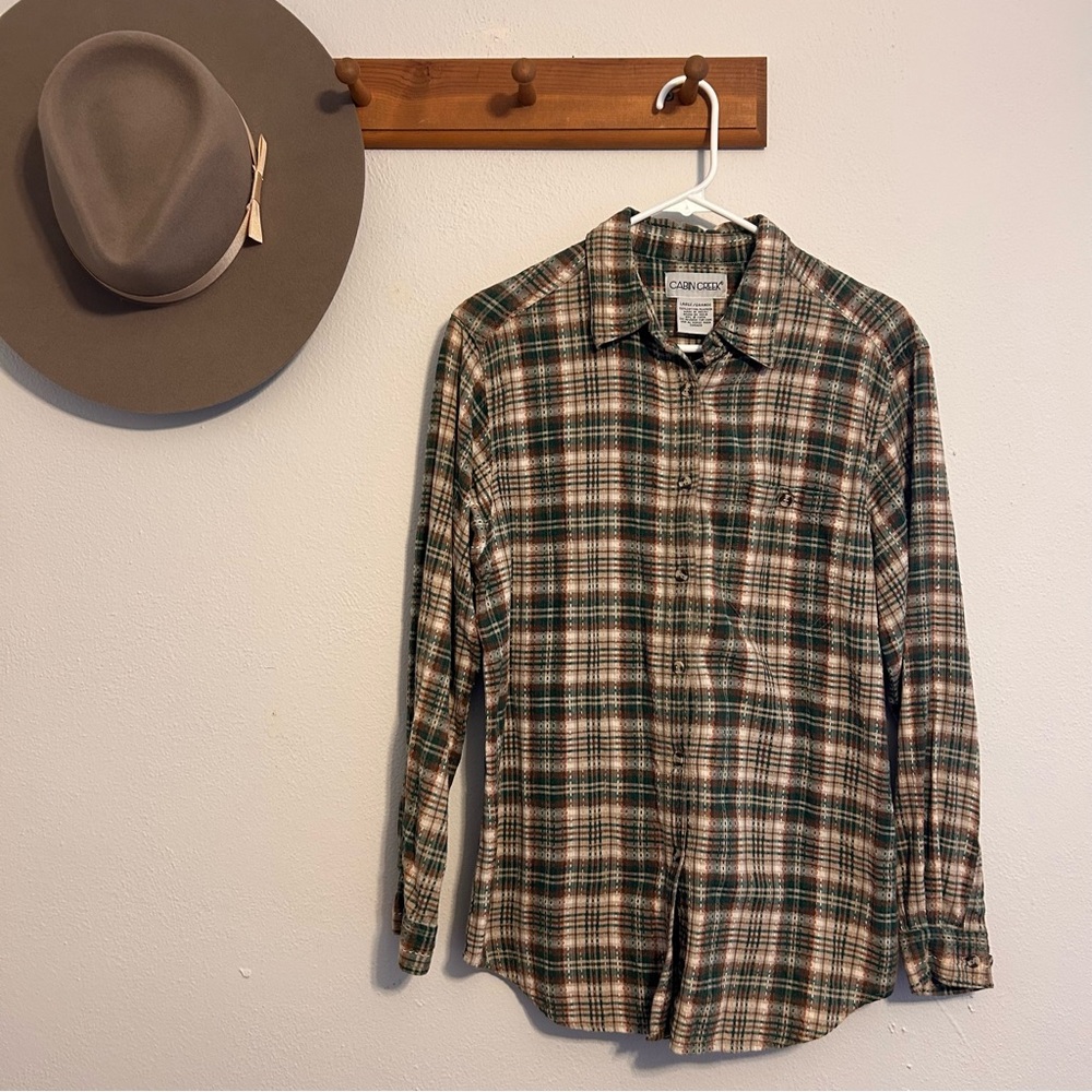 Vintage 100% Cotton Green Plaid Flannel Shirt Size Large